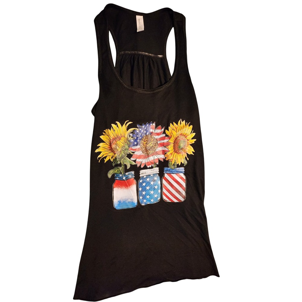 Bella + Canvas Patriotic Tank Top‎ Women's S Black Sunflower Mason Jar Flag USA